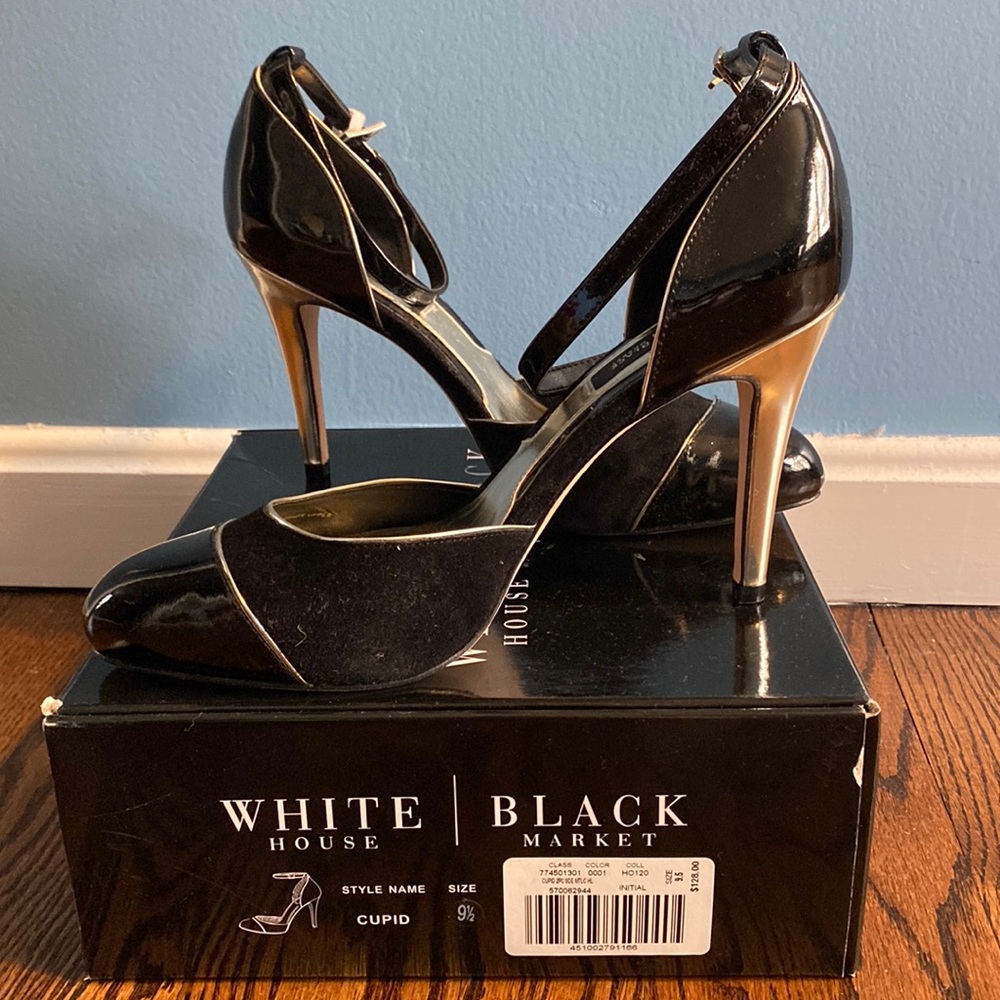 Black and silver/metallic, high heel sandal. White House black market. Size 9.5